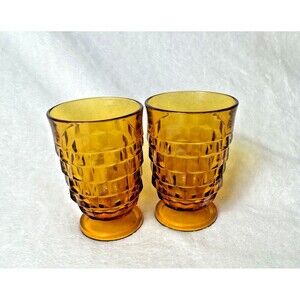 Vintage Amber Glass Footed Tumblers – Textured Cube Pattern – Set of 2 – 4.5”